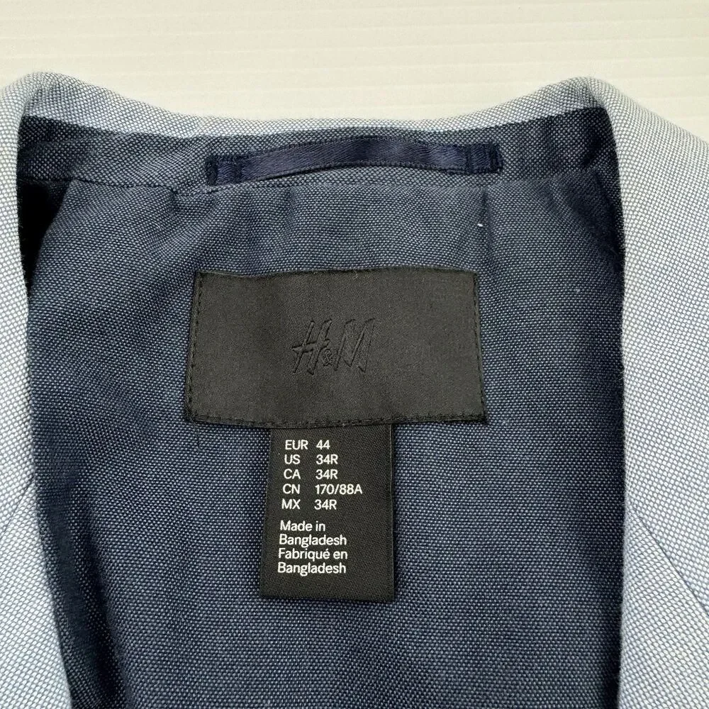 H&M 34R Light Blue Cotton Blazer Sport Coat Elbow Patches Slim Fit Jacket